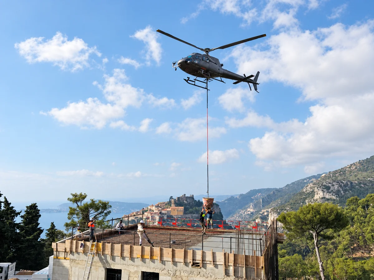 Acheminement de béton par hélicoptère sur un chantier